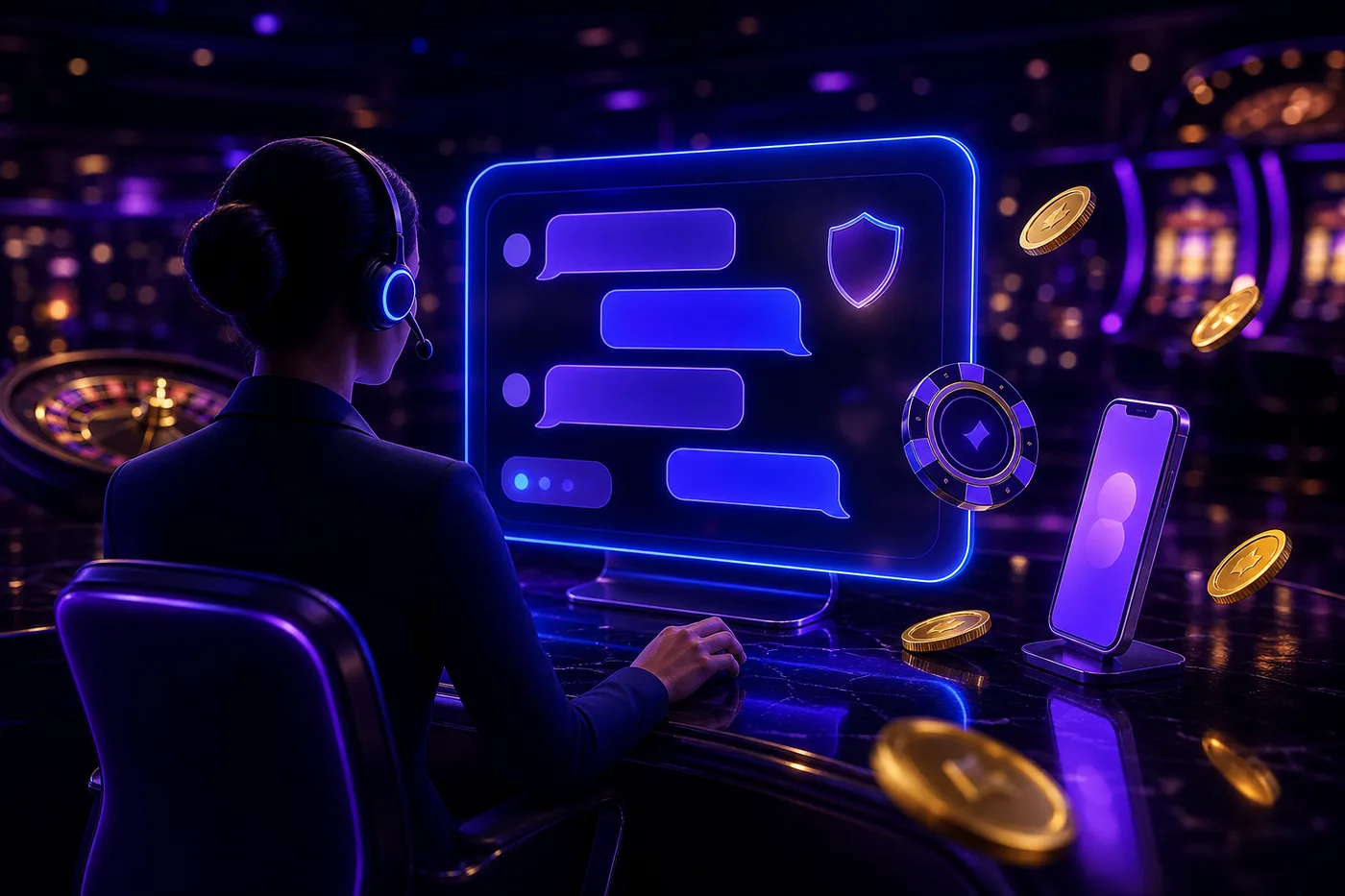 Agente del equipo de soporte atendiendo consultas con auriculares frente a una computadora