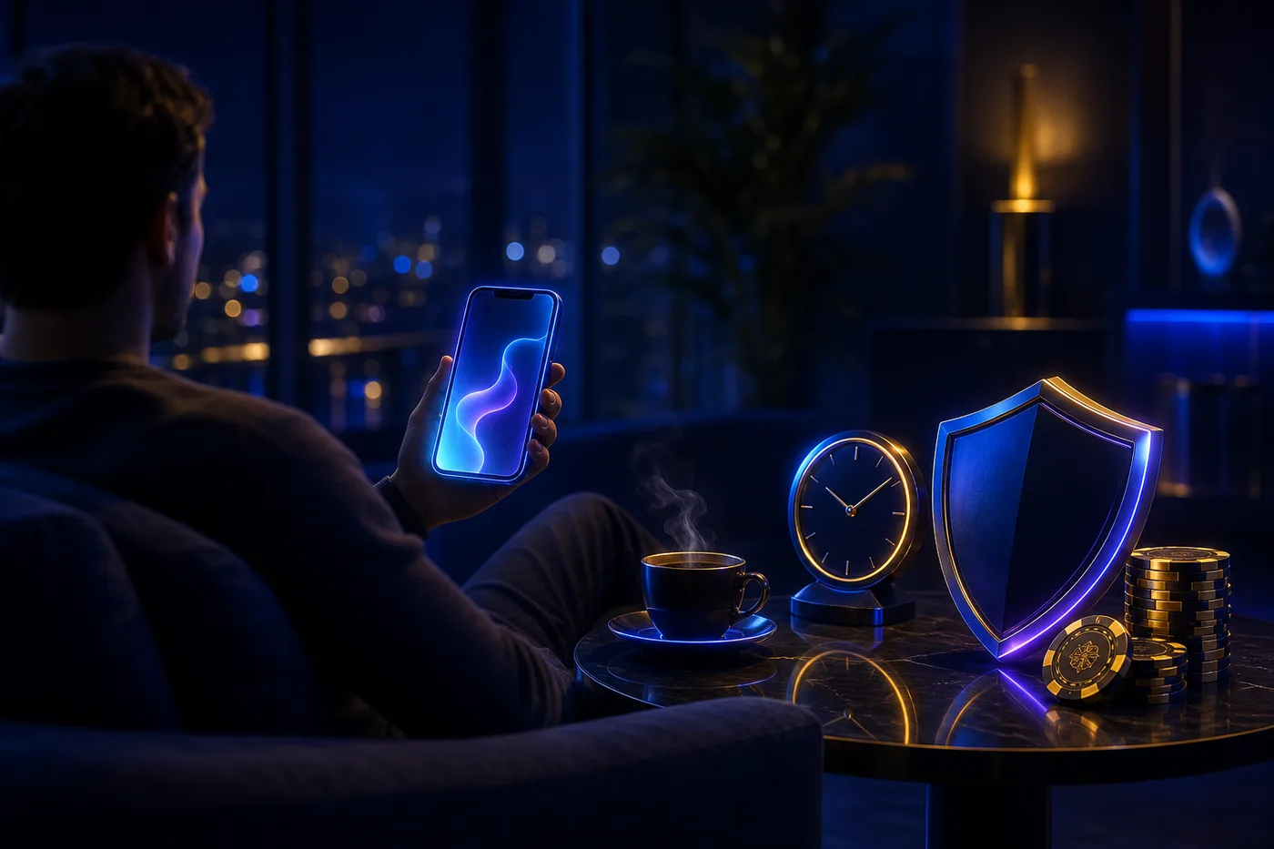 Persona relajada con su celular en casa, disfrutando del juego con moderación